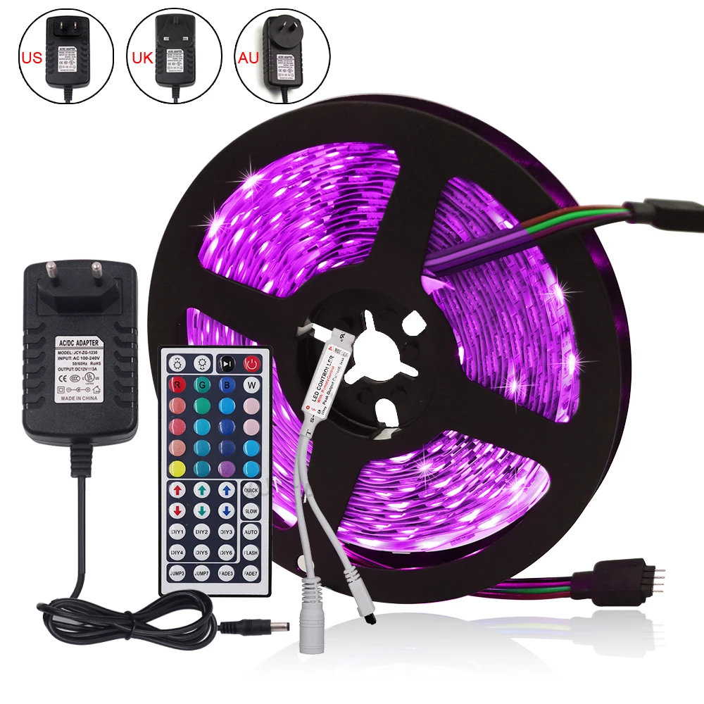 5050 2835 RGB LED Strip Light 12V 5M 300LED 60LEDs/m Waterproof LED Tape Lamp String with Power Adapter 44key Remote Contronl