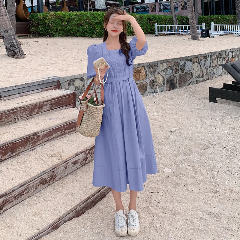 New Summer  Maternity Dress Pink Blue Bowknot Big Yards Pregnant Women Dress Square Collar Puff Sleeve Pregnancy Maxi Dress