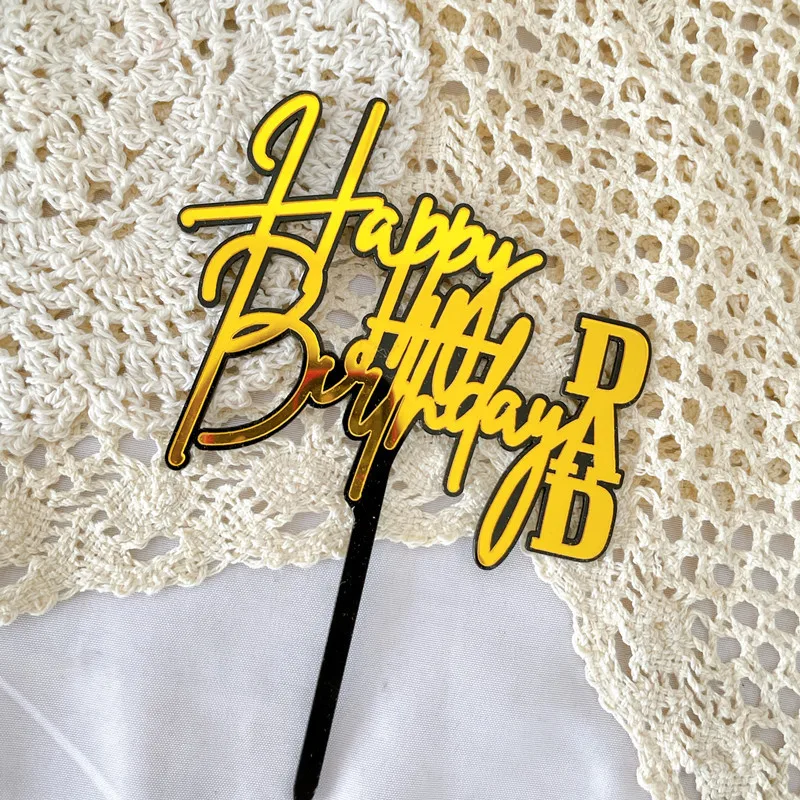 INS Happy Birthday Dad Mom Acrylic Cake Topper Double Layer Gold Black Topper for Father Mother Birthday Party Cake Decorations