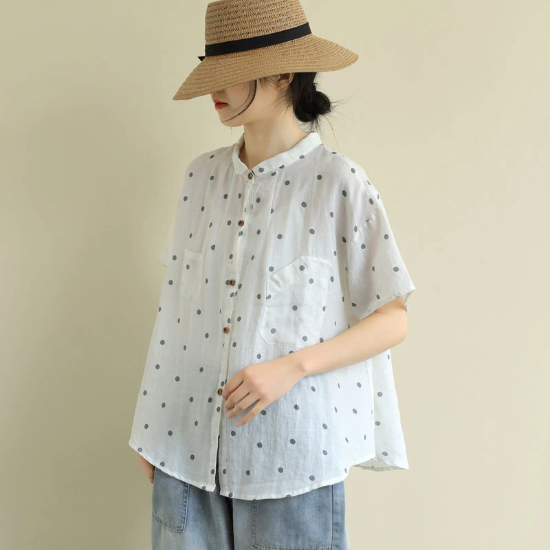 2020 Summer New Arts Style Women Short Sleeve Loose Polka Dot Shirts all-matched Casual Turn-down Collar Vintage Blouses S891