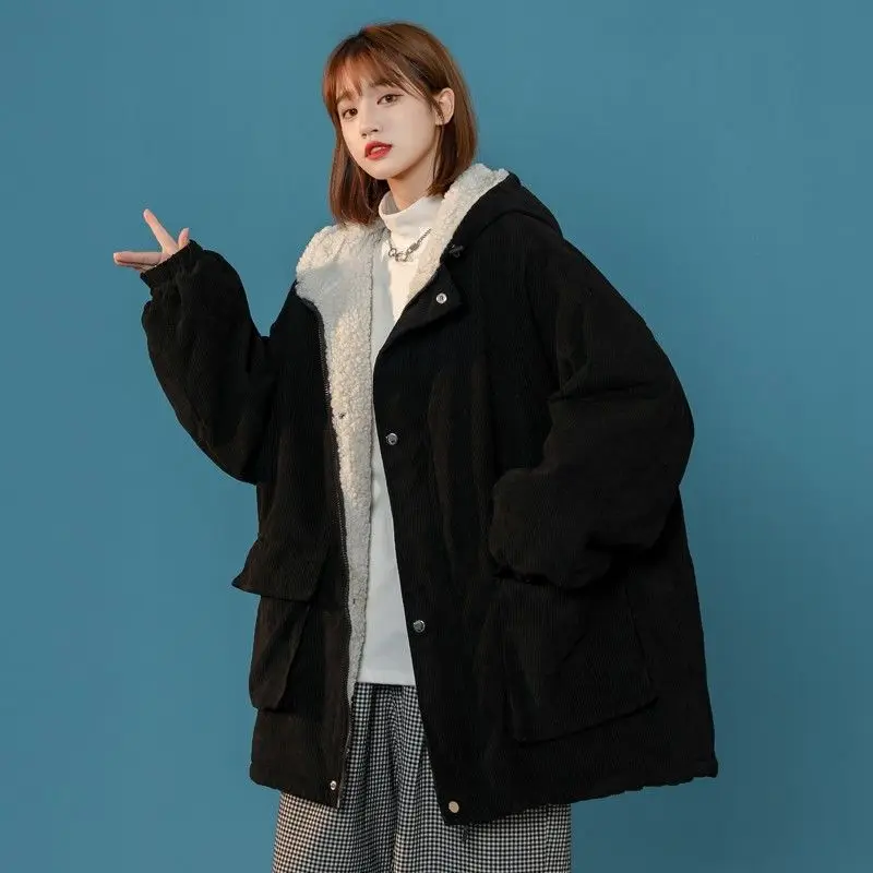 Parkas Women Hooded Corduroy Fashion Korean Style Aesthetic All Match Thicken Simple Tender Collage Winter Street Wear Loose