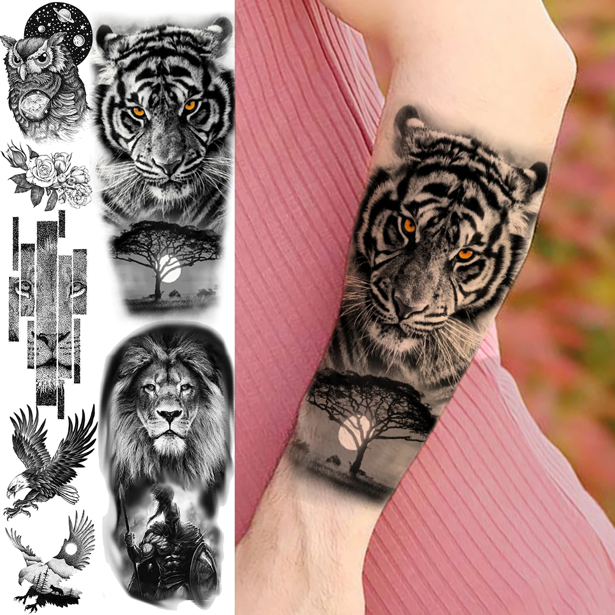 3D Tiger Woods Lion Warrior Tijdelijke Tatoeages Voor Vrouwen Volwassen Mannen Uil Universe Bloem Eagle Fake Tattoo Onderarm Wasbaar Tatoos