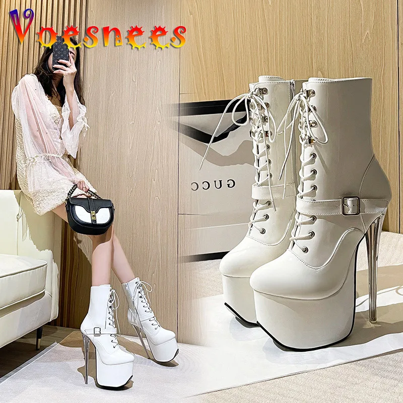 Fashion Women Shoes 19CM Super High Heel Mid-Calf Boots Plus Size Transparent Heel Short Boots Buckle Strap Zip Nightclub Heels