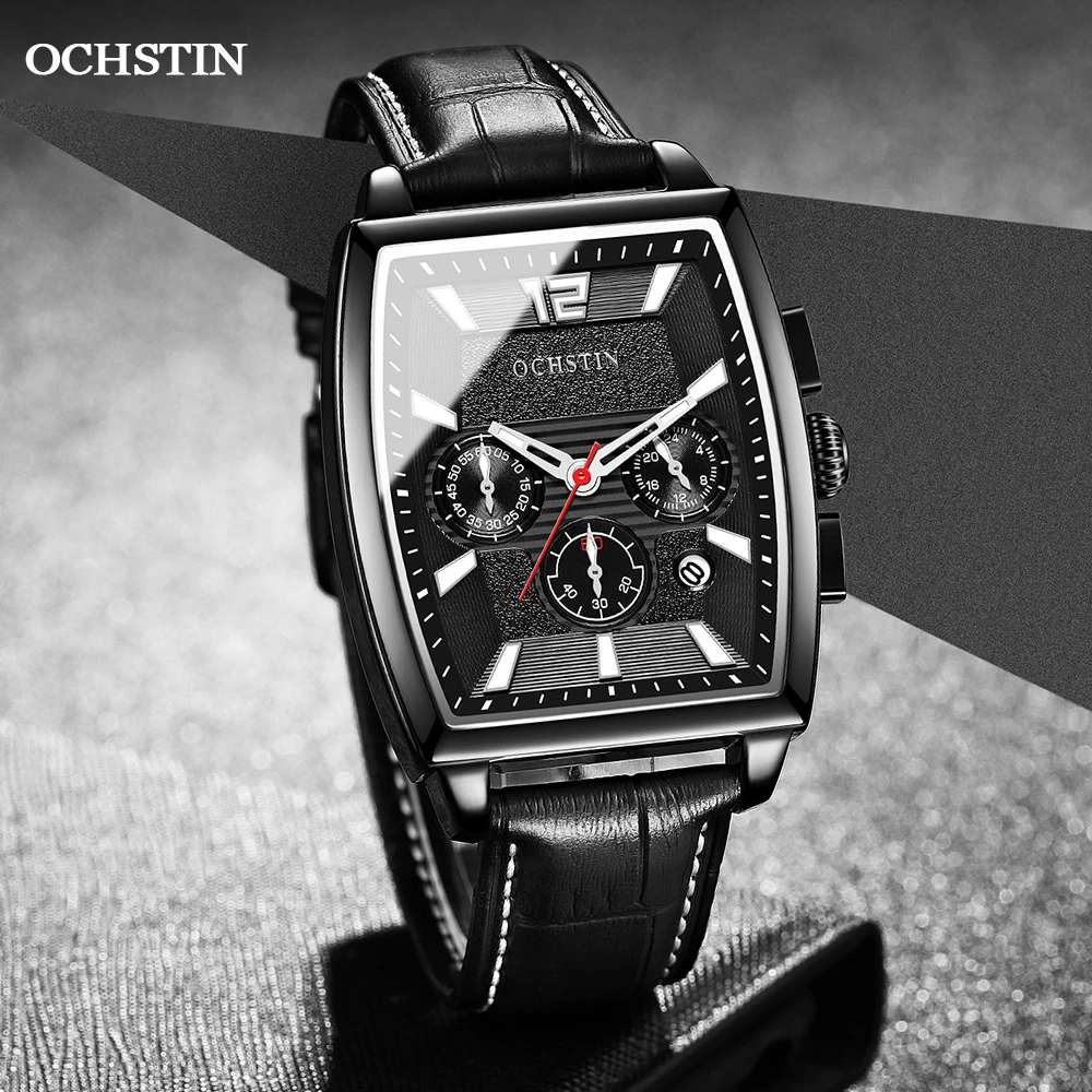 2023 OCHSTIN New Mens Square Watch Bussiness Quartz Wristwatch Leather Male Original Chronograph Waterproof Clock часы мужские