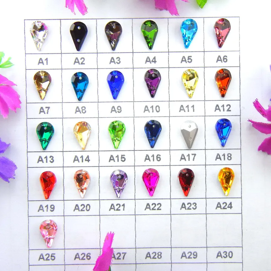 Glaskristall, zwei Löcher, 8*13mm, 50 Stück/Beutel, schöne Farbmischung, schlanke Tropfenform, aufnähbare Strassperlen für Kleidung, Schuhe, DIY. – Detail 2
