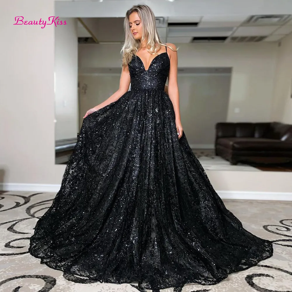 2022 Sparkly Black Wedding Dresses Formal Lace V-Neck Straps Glitter A-Line Backless Bridal Dress