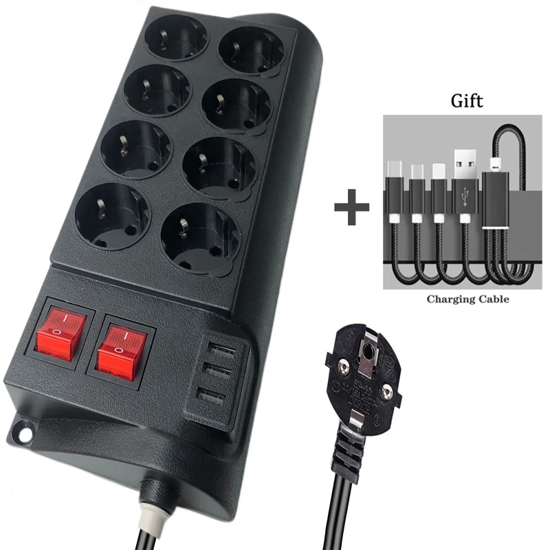 2 Round Pin New EU RUS Plug Power Board Switch 2 M Cable Universal Socket 3 USB Electrical Extension Cord Socket Network Filter