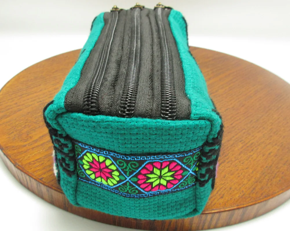 Green 3-Layer Wristlet Vintage Hmong Thai Indian Embroidered Fashionable Clutch Purse Boho Hippie Ethnic Cosmetic Bag SYS-438G