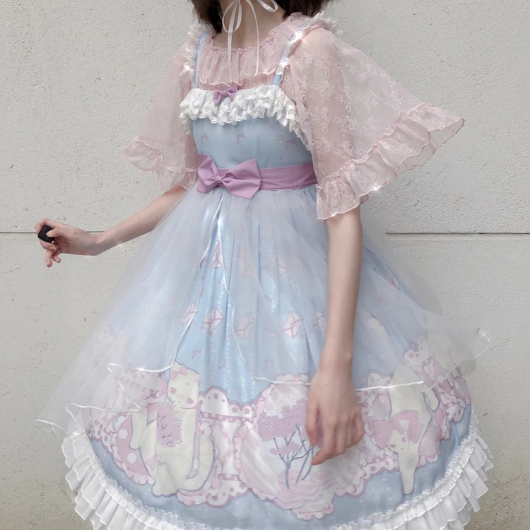 Lolita strap dress vintage  bowknot cute printing high waist princess victorian dress kawaii girl gothic lolita cosplay loli