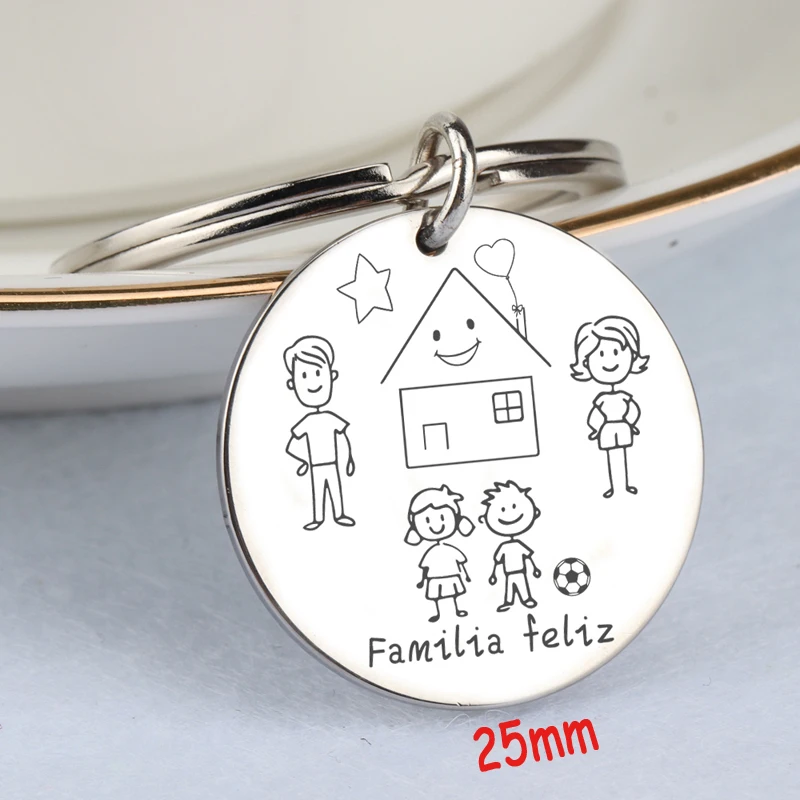 New Stick Family Keychain Hand Stamped Stainless Steel Round Keychain for Family Member Gift Fashion Accessories DIY Custom