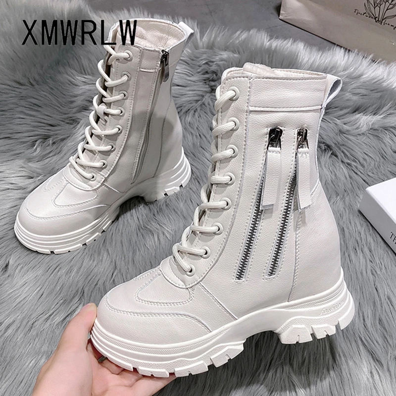 

XMWRLW Women's Mid-Calf Boots PU Leather Winter Shoes Women Warm Plush Boots Casual Ladies Winter Boot Women Warm Shoes Boot