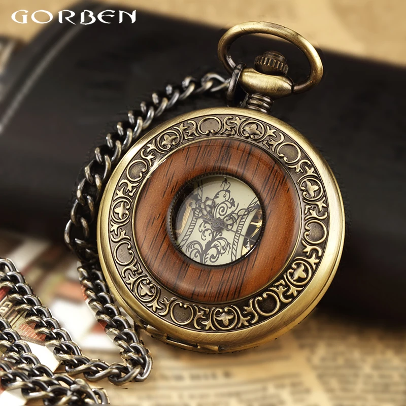 Mechaniczny zegarek kieszonkowy z litego drewna FOB Chain Locket Dial Hollow Steampunk Skeleton Men Women Mens Male Clock Watches Box Package