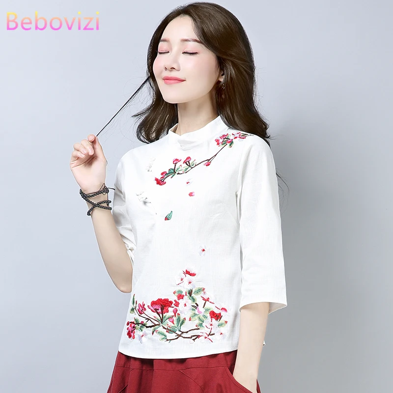 Cotton Linen Chinese Style Qipao Shirt for Women Blue White Hanfu Embroidery Retro Summer Loose Han Fu Traditional Blouse Top