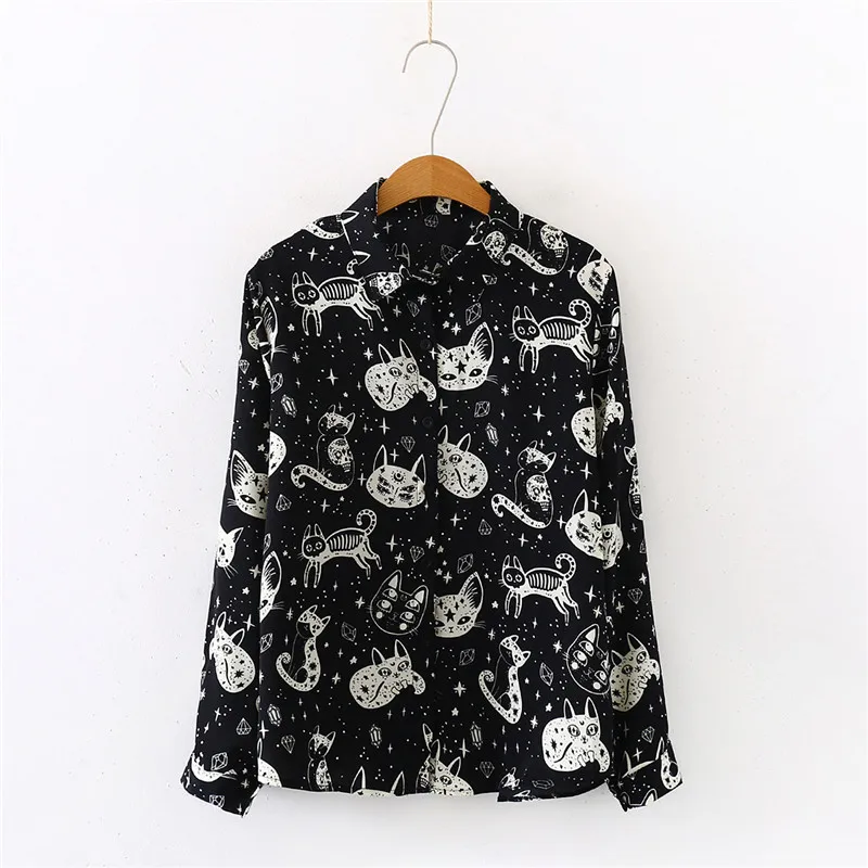 Cartoon Cat Pattern Women\'S Chiffon Shirt Fashion Woman Blouses 2021 Spring Autumn Long Sleeve Casual Girls\' Top Female Clothing