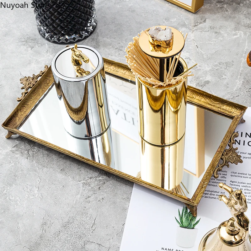 European Style Brass Carved Border Desktop Mirror Tray Retro Jewelry Cosmetics Decorative Tray Home Decoration Accessories