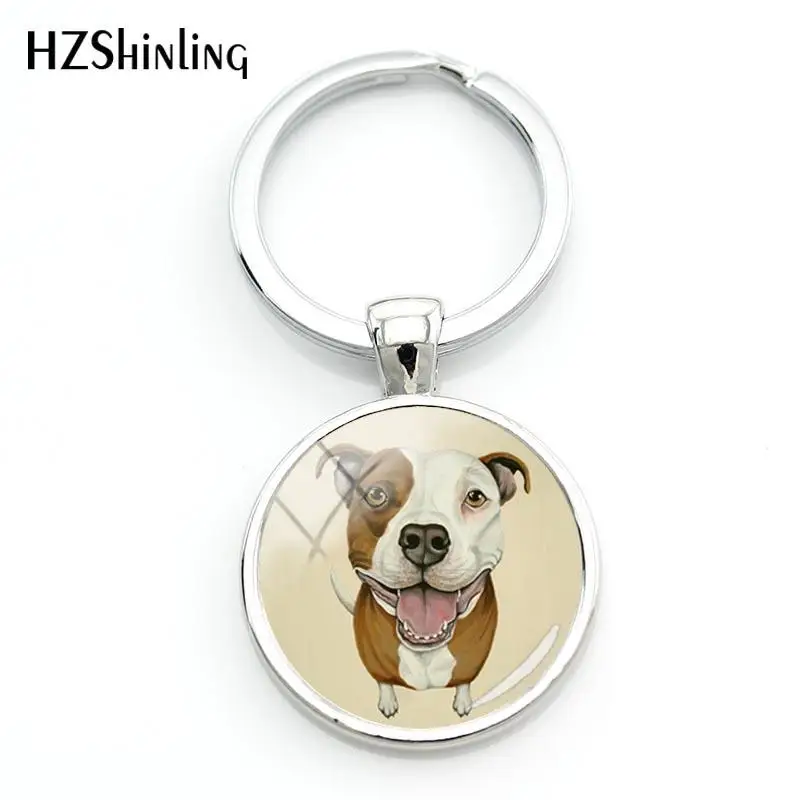 Fashion Pit Bull Dog Keyring Pitbull Keychain Glass Dome Key Chains Hot Round Hand craft Keyrings For A Woman Bag