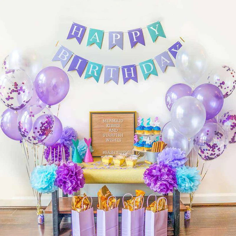 Mermaid Theme Party Girls Birthday Party Decoration Banner Balloons Happy Birthday Garland Mermaid Tail Shell Baby Shower Decor