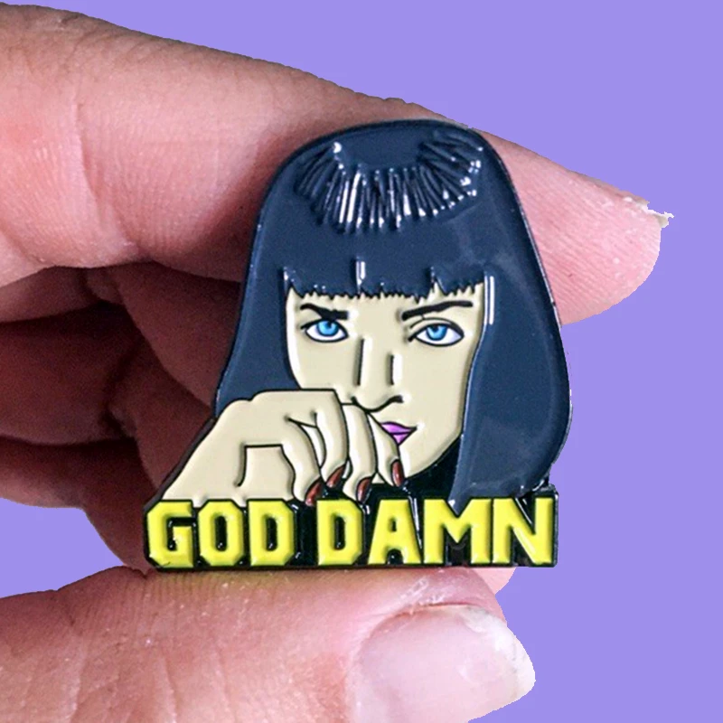 Classic Movie Mia Wallace God Damn Brooch Pins Enamel Metal Badges Lapel Pin Brooches Jackets Fashion Jewelry Accessories