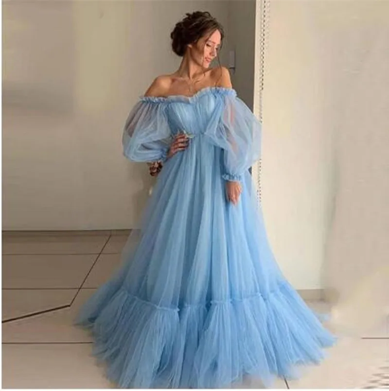 Gaun Prom Lengan Panjang Wanita Pakaian Putri Off Shoulder Tulle Pakaian Malam Gaun Ukuran Plus Formal