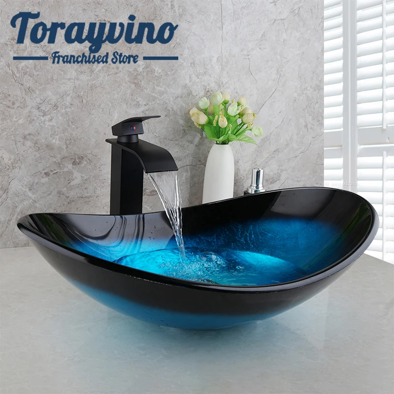 Torayvino Bathroom Wash Basin set lavabo Sink Tempered Glass Hand Painted Waterfall Taps Brass black Faucet Mixer sink Tap Set