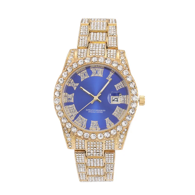 

Hip Hop Luxury RRoman Numerals Cubic Zircon Diamond Men's Fashion Blue Face Large Dial Quartz Watch