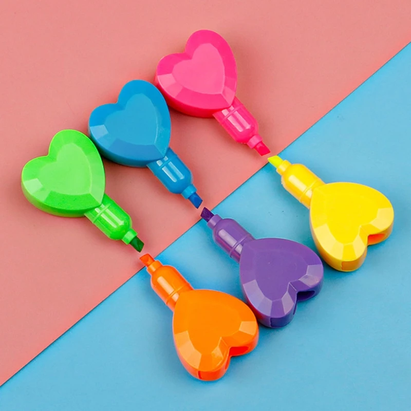 7 In 1 Creative Mini Highlighters Heart-shape Coloring Markers Pocket Marker Pen Stackable Removable Birthday Gift Set for Kid