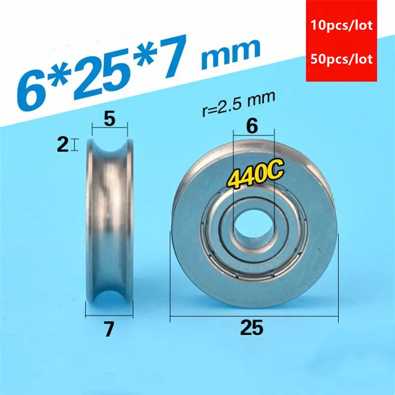 

10pcs/50pcs U type groove bearing track pulley 6*25*7mm guide metal wheel stainless 440C steel waterproof and antirust 6x25x7