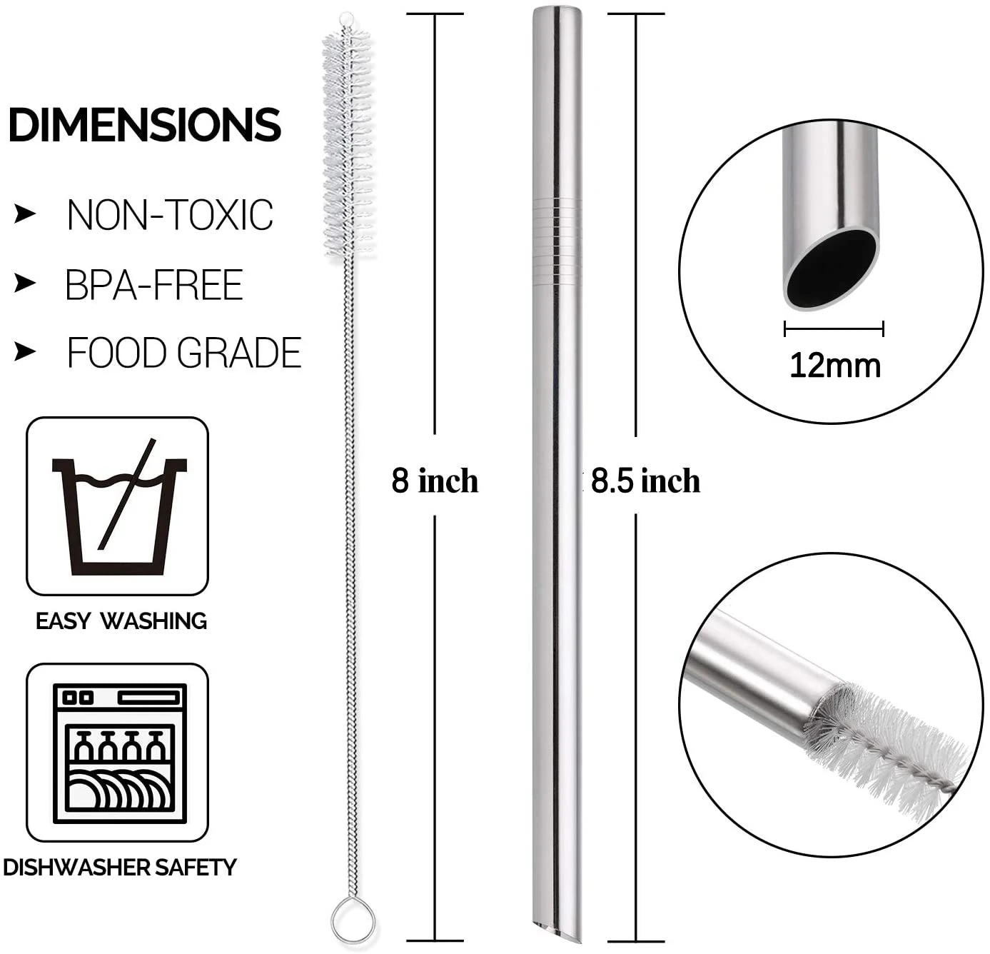 8.5" Diameter Metal Smoothie Straws Reusable Eco-friendly Stainless Steel Straw for Boba Bubble Milkshakes Drinking Accessory