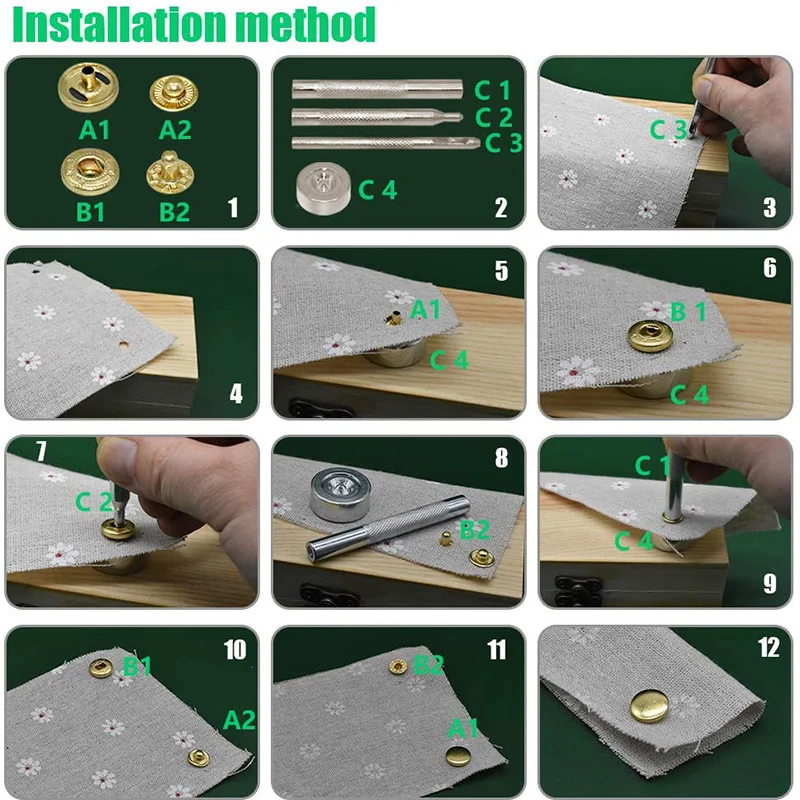 Imagem -03 - Soco Ferramenta de Couro Buraco Botões Conjunto Pressionando Studs Rebites e Grommets Snap Rebite Setter Kit de Base Conjunto Snap Rebite 11 Pcs