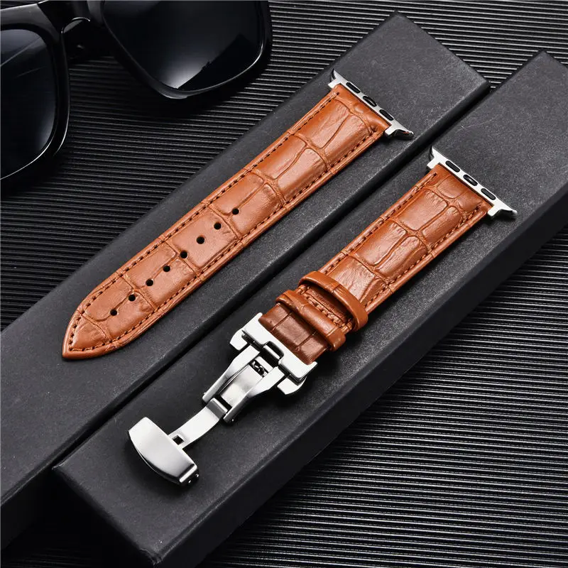 Embossed Leather Watch Straps for Apple Watch 8 7 6 5 4 3 SE Butterfly Buckle Bracelet 45mm 44mm 42mm 41mm 40mm 38mm Watchbands