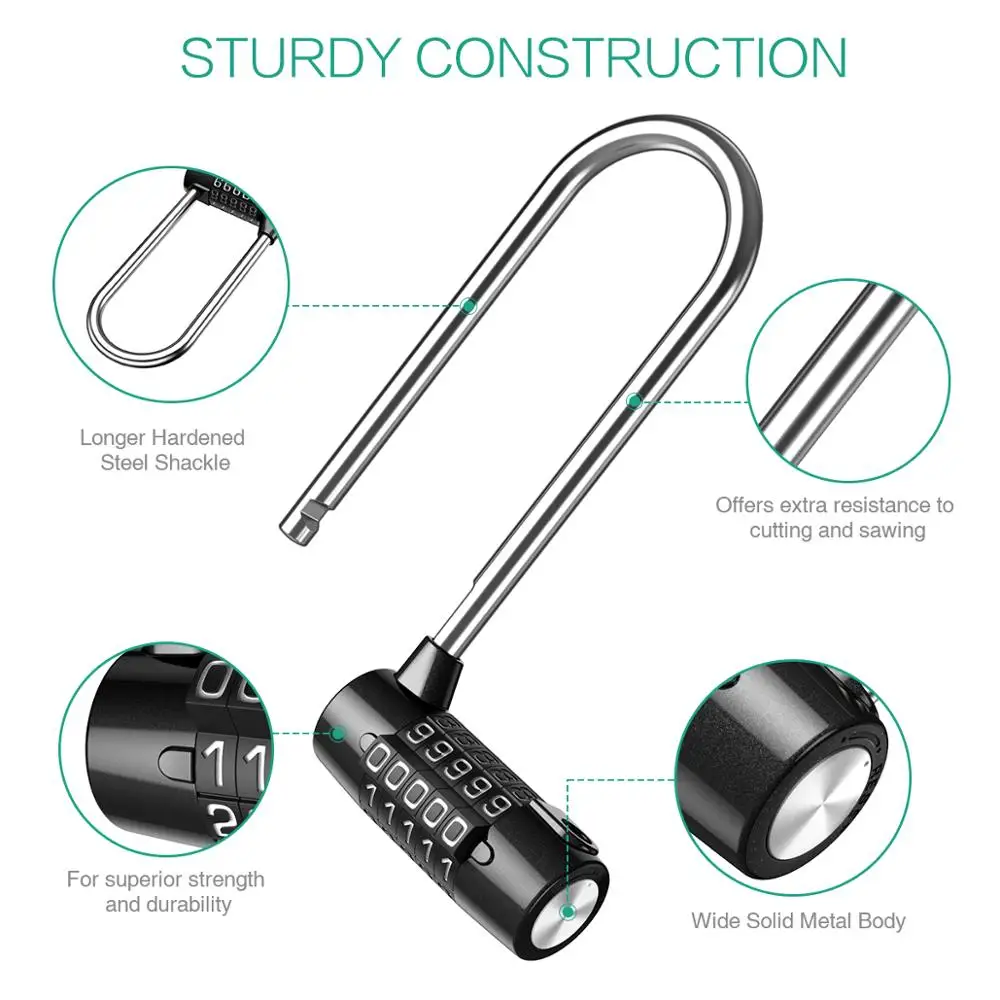 ORIA 5 Digit Combination Lock Waterproof Security Padlock Outdoor Safety Gym Door Lock Lengthened Shackle Lock