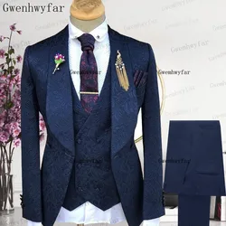 Gwenhwyfar 2023 Latest Tuxedo Navy Blue Fashion Outfit (Blazer + Pants +Vest) High-Quality Customized Men's Suit Wedding Groom