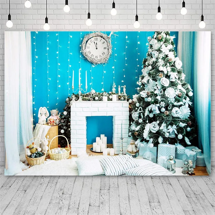 

Avezano Photography Backdrops Merry Christmas Tree Winter Fireplace Gifts Candle Decor Blue Banners Background For Photo Studio