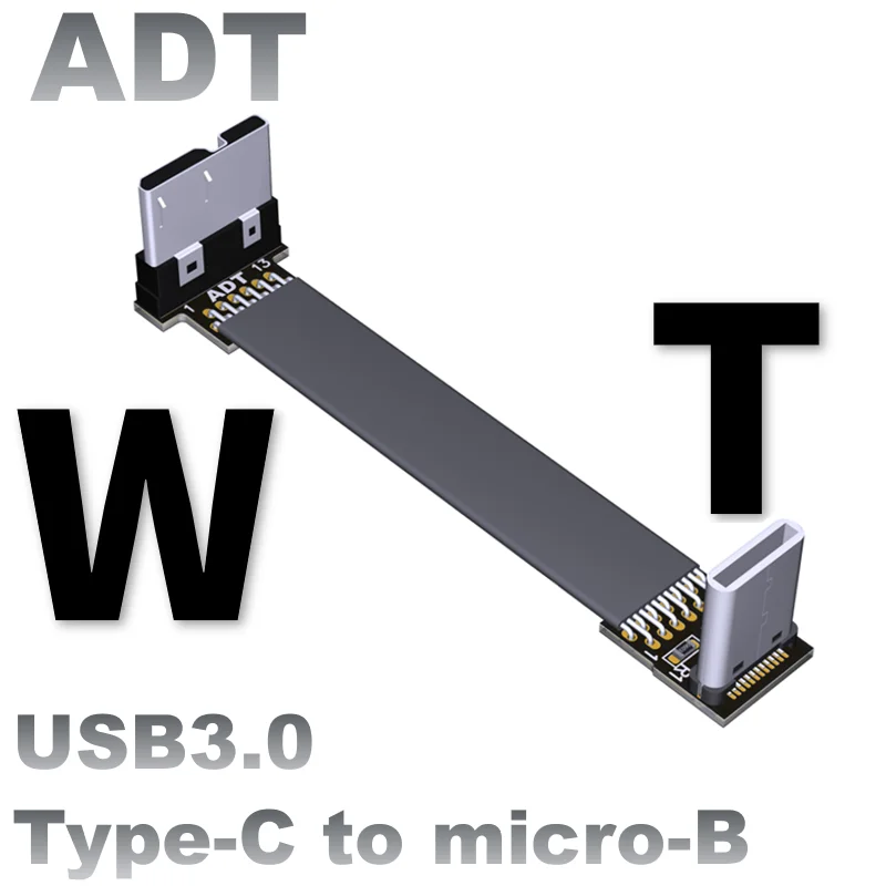 Cable FPC plano corto FPV cinta delgada Micro USB 3,0 90 grados macho a USB-C macho USB-C enchufe hembra para sincronización de carga