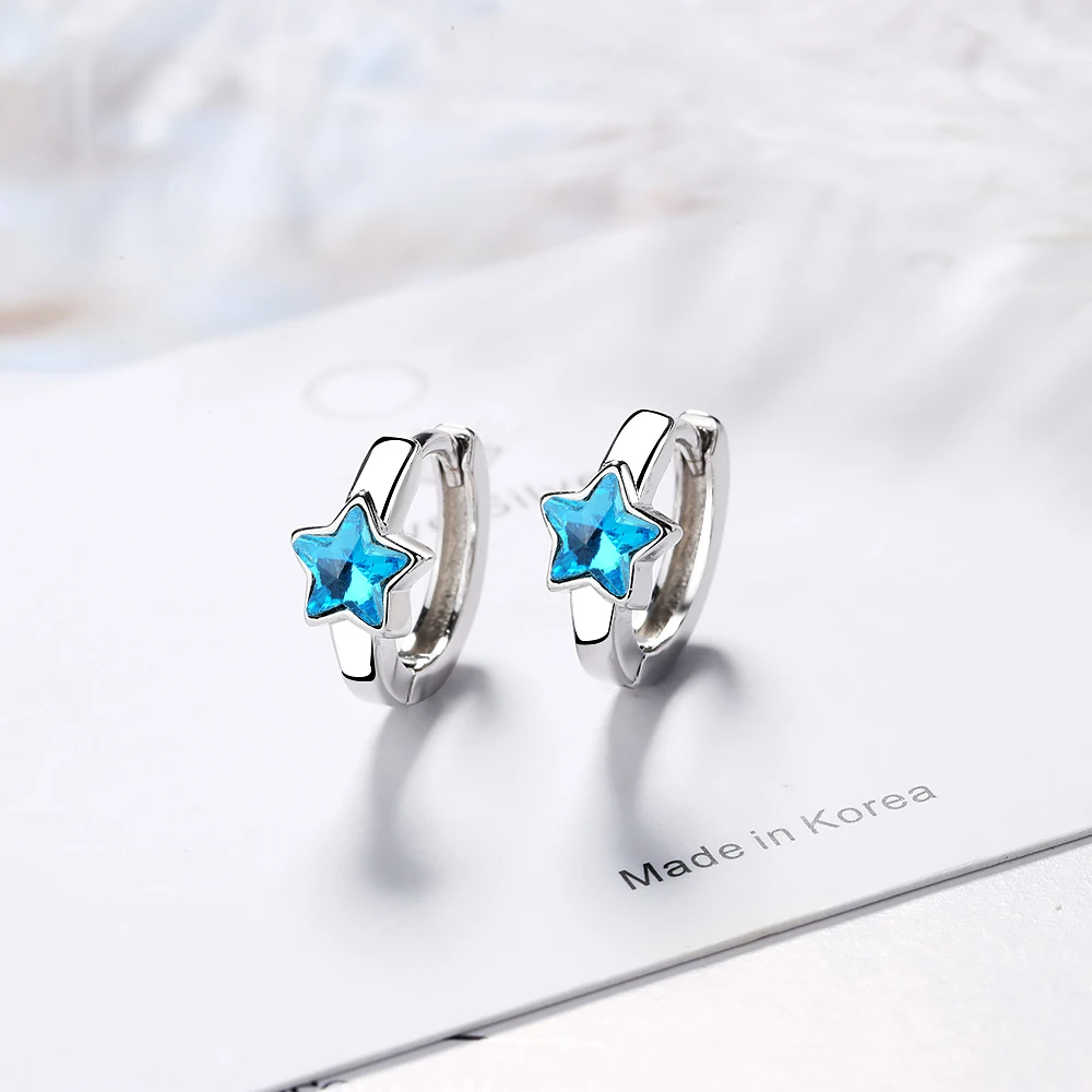 Cute Blue Crystal Stars 925 Sterling Silver Circles Small Loops Huggie Hoops Earrings For Women Jewelry Kids Girls Aros Aretes