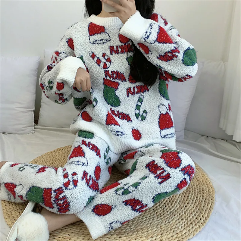 Lady Winter Warm Pajamas Set Cartoon Nightwear Christmas Sleepwear Coral Fleece Women\'s Pyjamas Flannel Pijamas Thicken Homewear