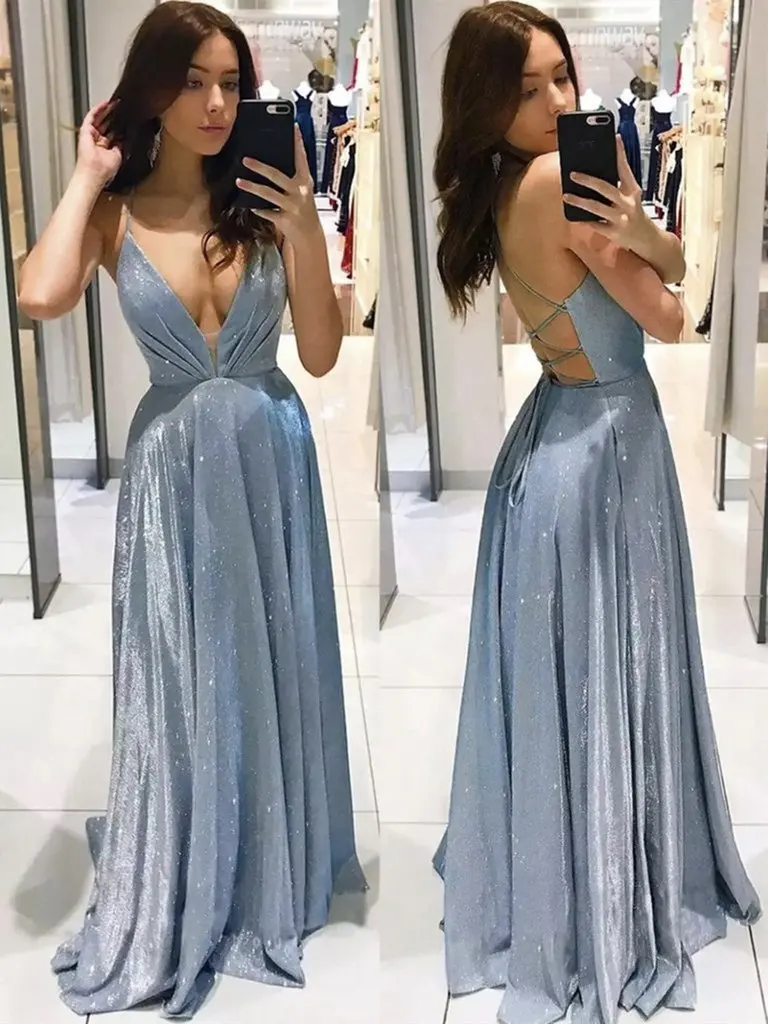 Shiny Fabric Long Dress 2022 Sexy Deep V Neck Spaghetti Straps Backless A-Line Swing Prom Dress