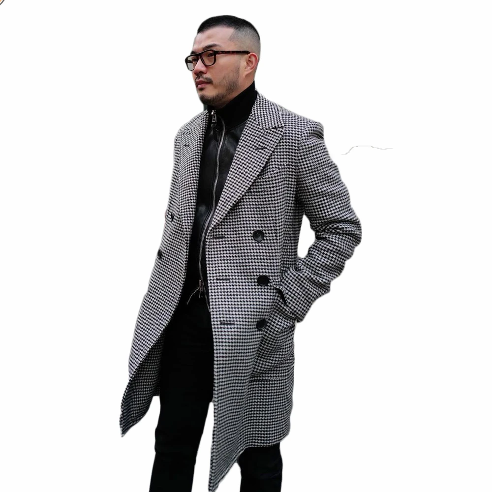 

Plaid Winter Streetwear Overcoat Warm Men's Woolen Thick Singal Breasted Loose Mid-Length Casual Trench Coat Male Jacket