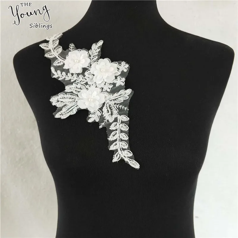 High quality lace fabric White 3D flower Laces collar ABS pearl Embroidery Application sewing Dress Handicraft Accessories