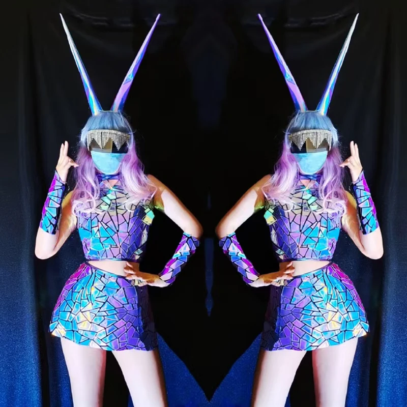 

Nightclub Silver Mirror Dancing Performance Clothing Laser Bar Dj Gogo Rave Clothes Suit Shiny Women Party Wear Outfit VDB3732