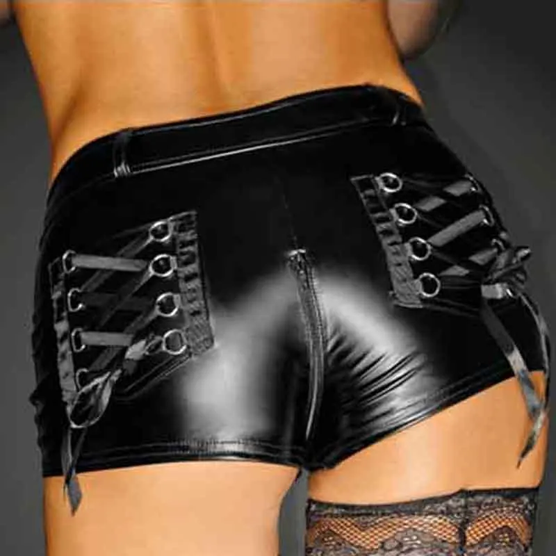 Black Wetlook Vinyl Leather Shorts Women Crotch Zipper Skinny Shorts Night Clubwear Punk Pole Dance Shorts With Lace Up Pocket