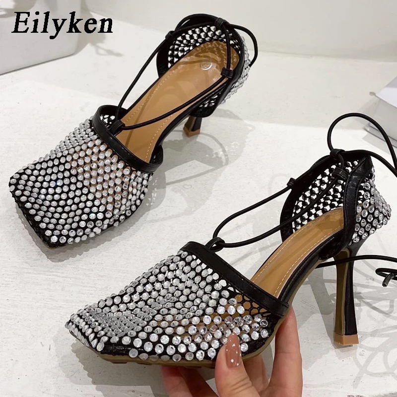 Eilyken Sexy Elegant Crystal Diamonds Breathable Mesh Women Pumps Shoes Fashion Hollow Out Summer Lace-Up High Heel Sandals