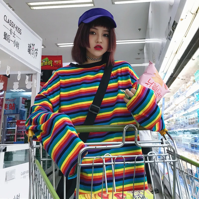 2019 New Women Rainbow Stripe T Shirt Autumn Female Round neck Shirt Long Sleeve Plus Size Tshirts For women Wild T Shirt