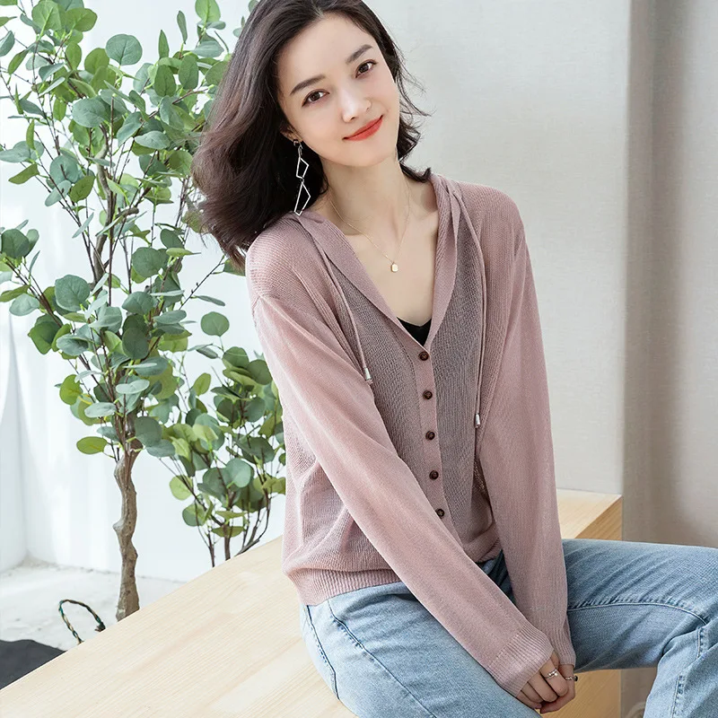 Cardigan Long Sleeve Knitted Sweater Women Button Up Hooded Knit Tops 2020 Autumn Thin Sun Protection Loose Solid Color Jacket