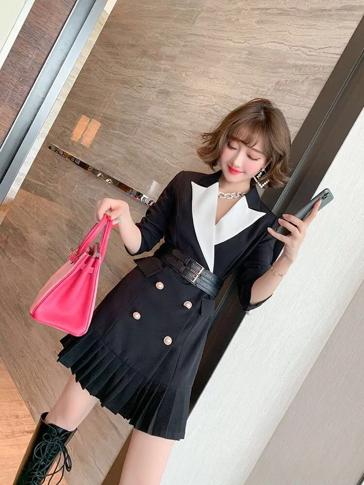 Fashion Splicing Dress Women's Color Block Notched Collar Double Breasted Pleated Elegant Black Blazer Mini Dresses Woman Cloth