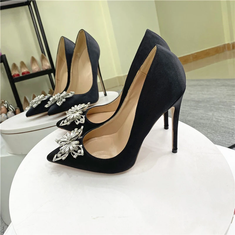 Veowalk Crystal Bow Women Satin Pointy Toe Stiletto Pumps Elegant High Heel Wedding Party Shoes Large Size 43 44 45 Black Purple