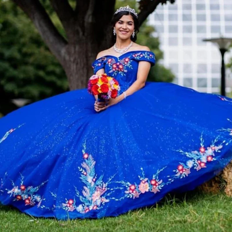 Mexican Charro Quinceanera Dresses Theme Royal Blue Embroidered Off The Shoulder Tulle Lace-up Ball Gown Sweet 16 Vestidos