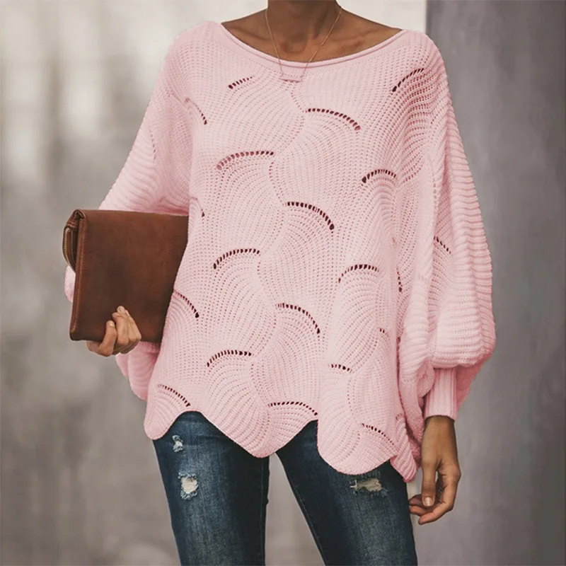 

Women Loose Sweater Cloak Casual Soft Lantern Sleeve Hollow Out Pullovers Knit O Neck Wave Hem Solid Female Sweaters