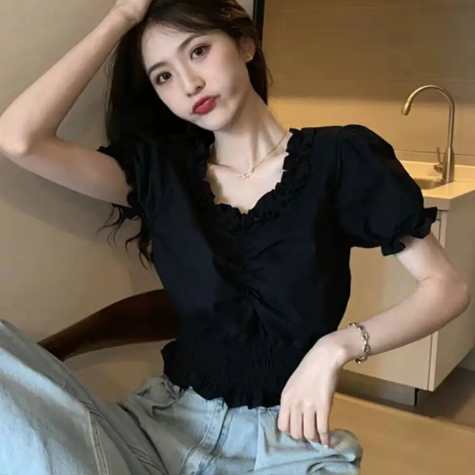 Elegant White Ruffles V Neck Cropped Top Casual Short Sleeve V NEck Ruched Slim Blouse Women Summer Simple All match Shirt