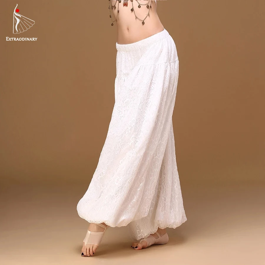 Women Dance Pants White Elastic Waist Lace spandex Belly Dancer Pants Wide Leg Loose Long Trousers Bloomers Gypsy Pants